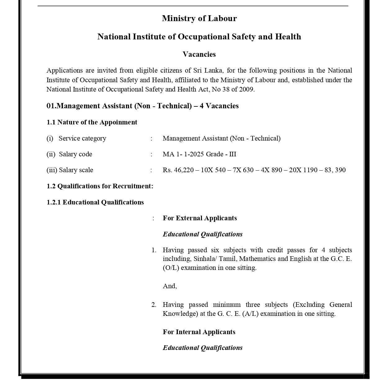 Management Assistant Ministry of labours