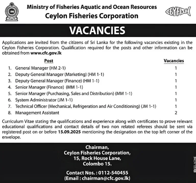 Ceylon Fisheries Corporation Vacancies 2025