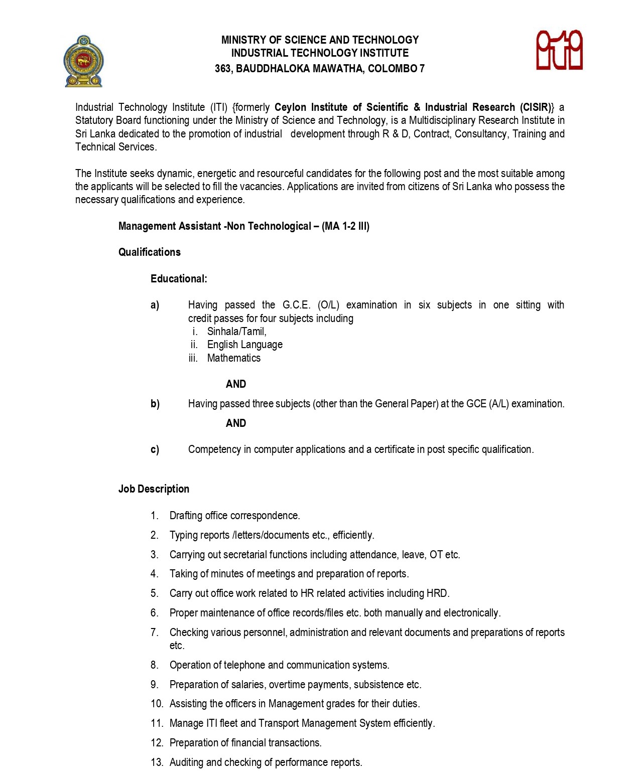 Industrial Technology Institute Vacancies 2025