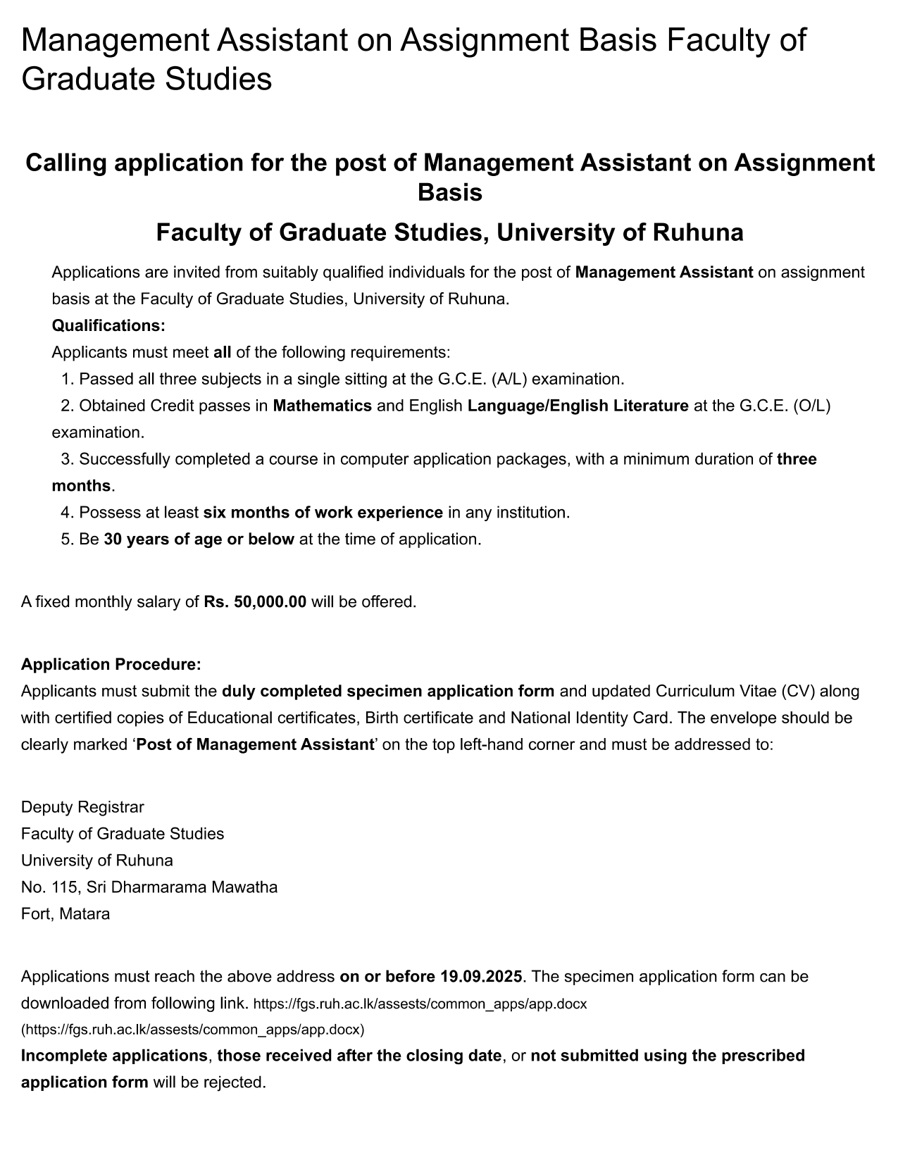 Management Assistant - University of Ruhuna