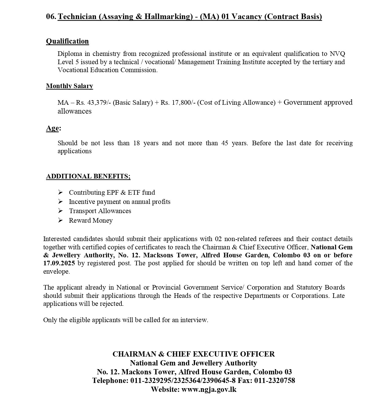 National Gem & Jewellery Authority Vacancies 2025