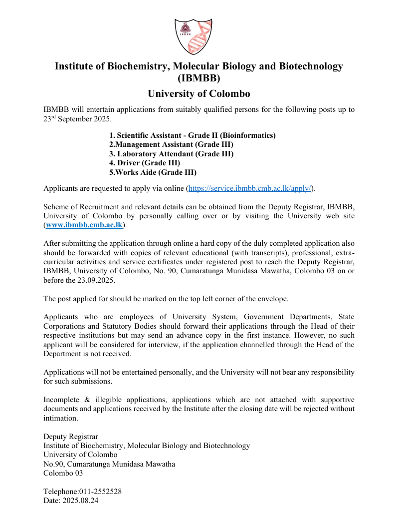 University of Colombo Vacancies 2025