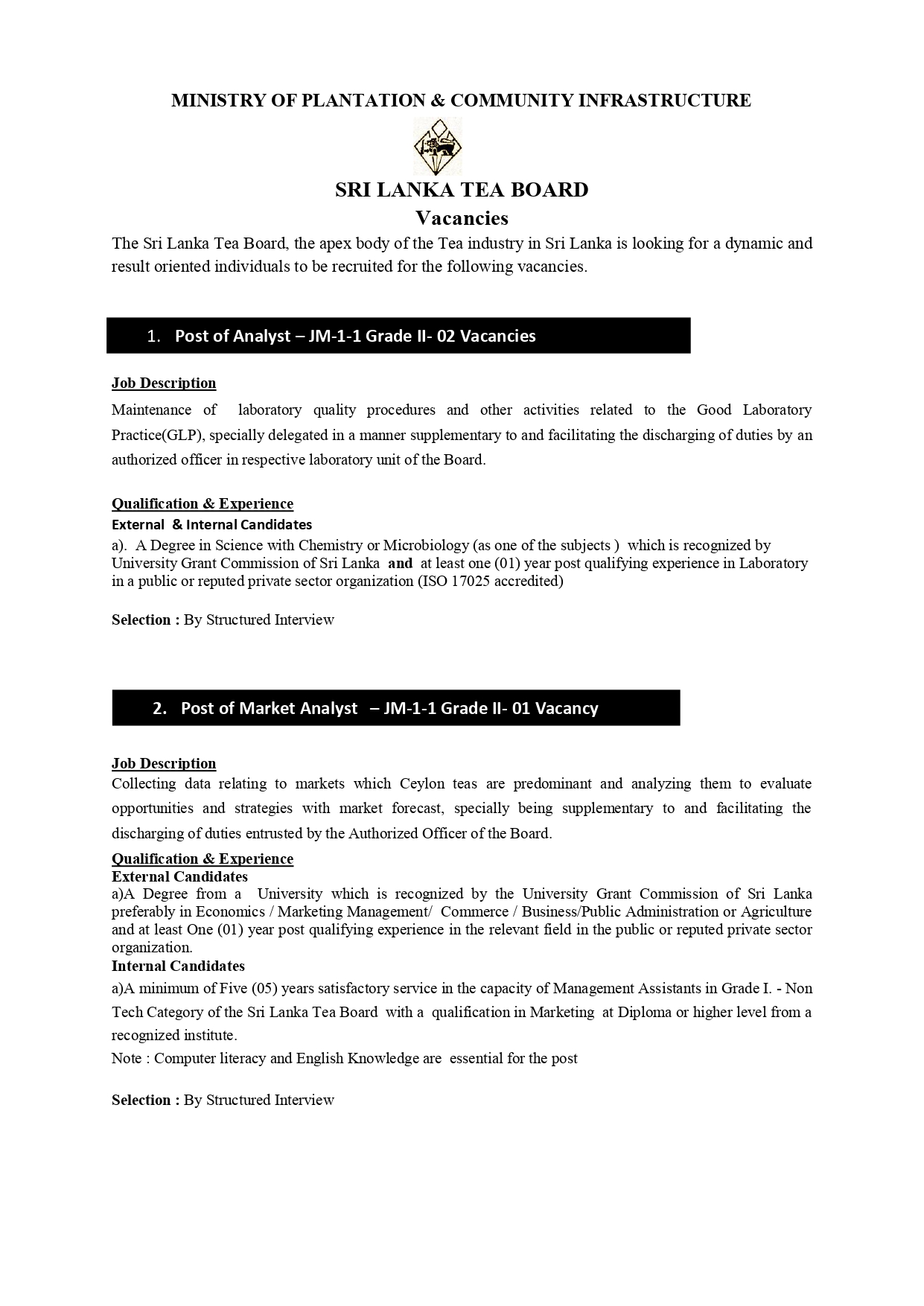 Sri Lanka Tea Board Vacancies 2026