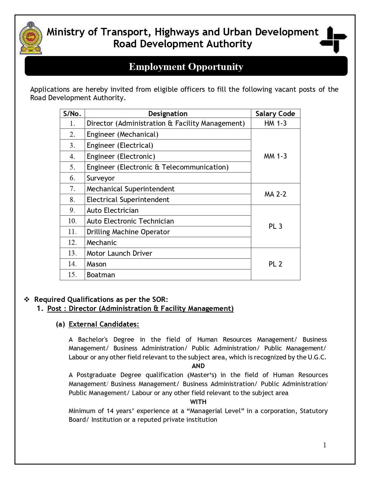 Road Development Authority Vacancies