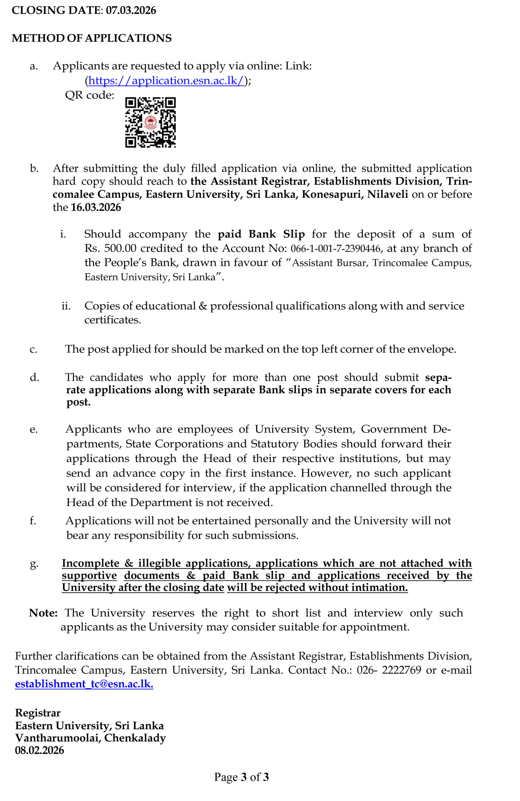 Non-Academic Staff - Eastern University Trincomalee Campus Vacancies 2026