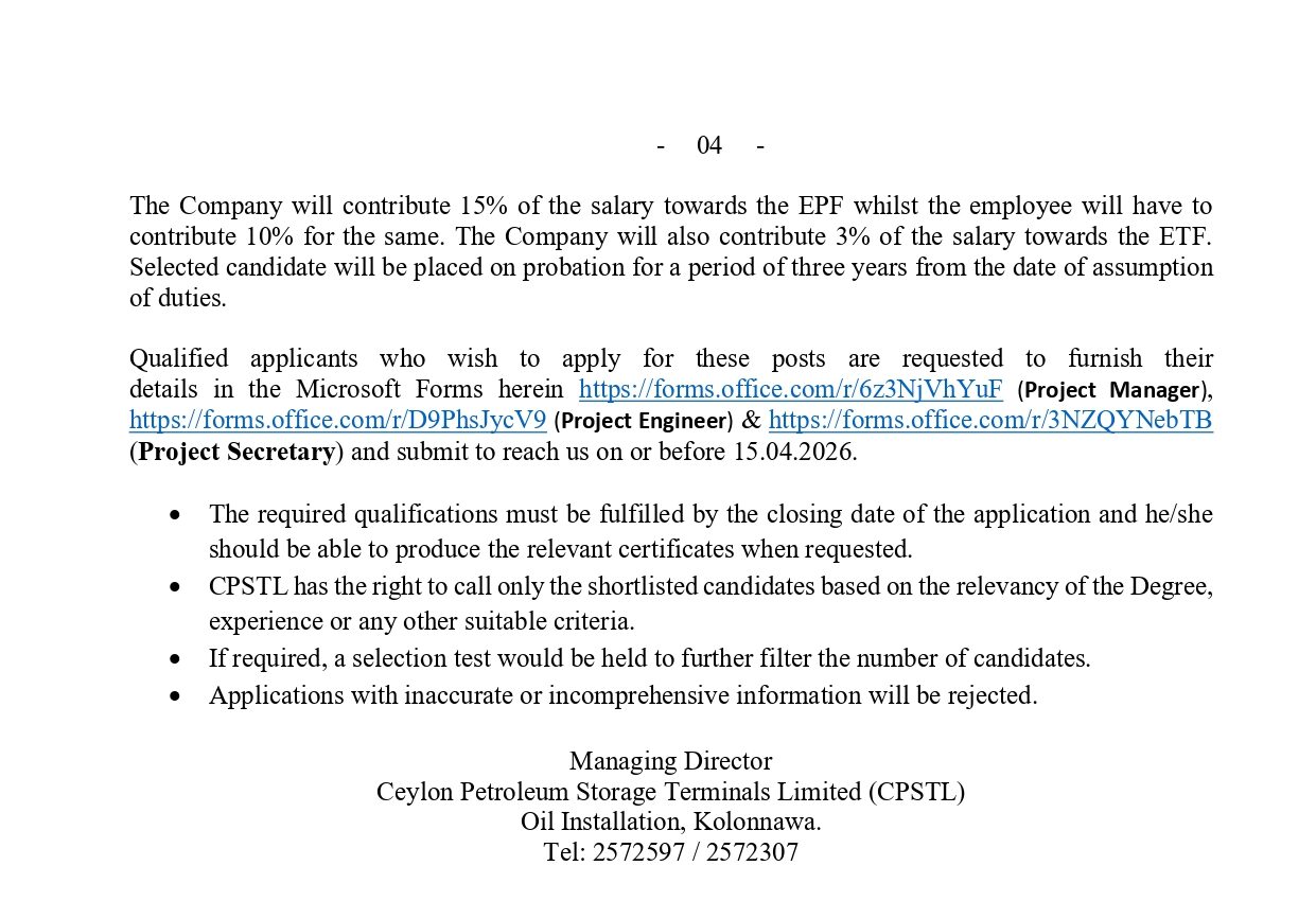 Applications invited for qualified Candidates for the existing Project Staff Posts