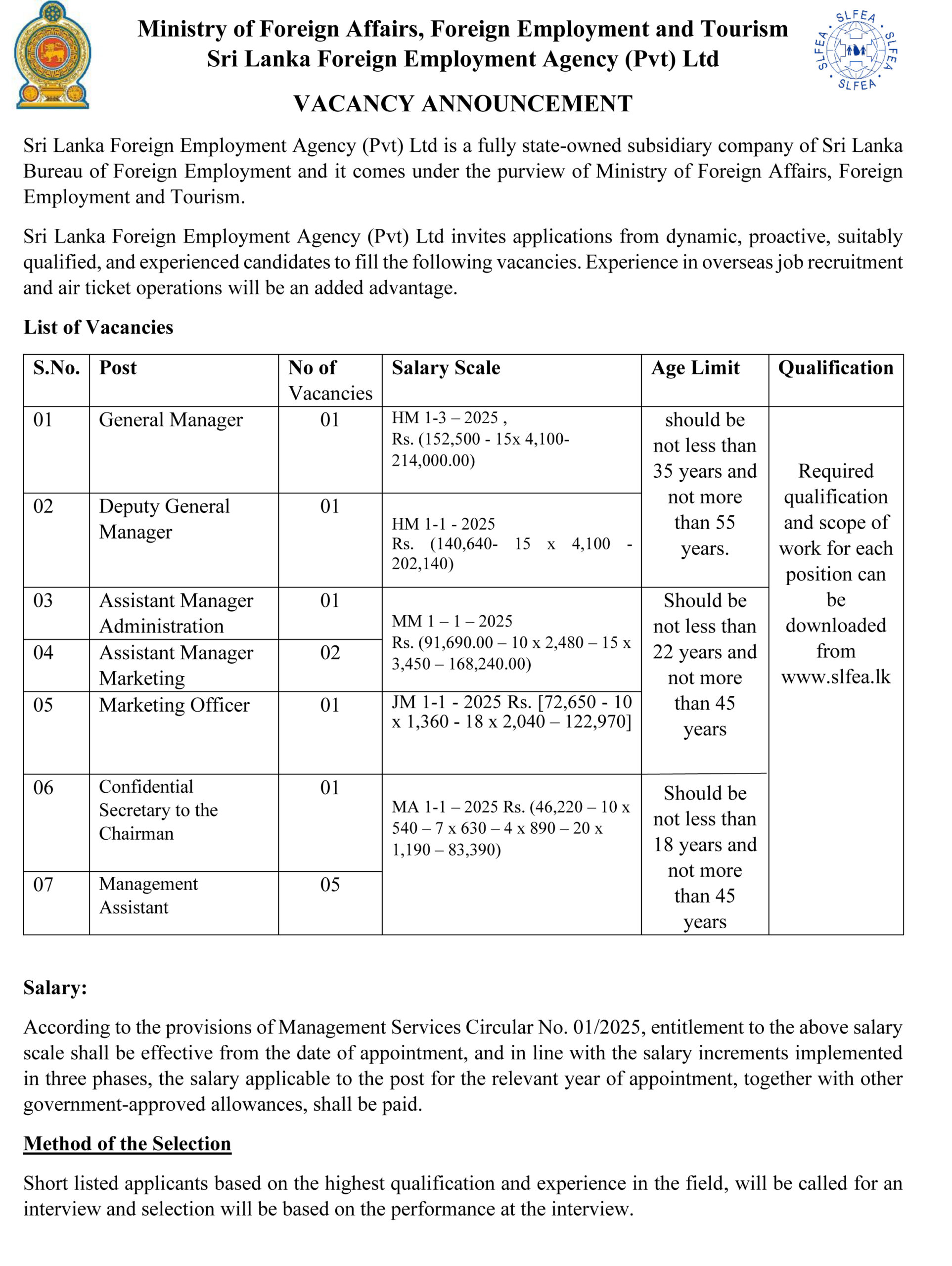 Sri Lanka Foreign Employment Agency Vacancies 2026