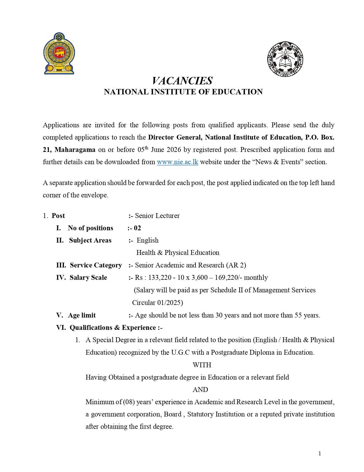 NIE Job Vacancies 2026