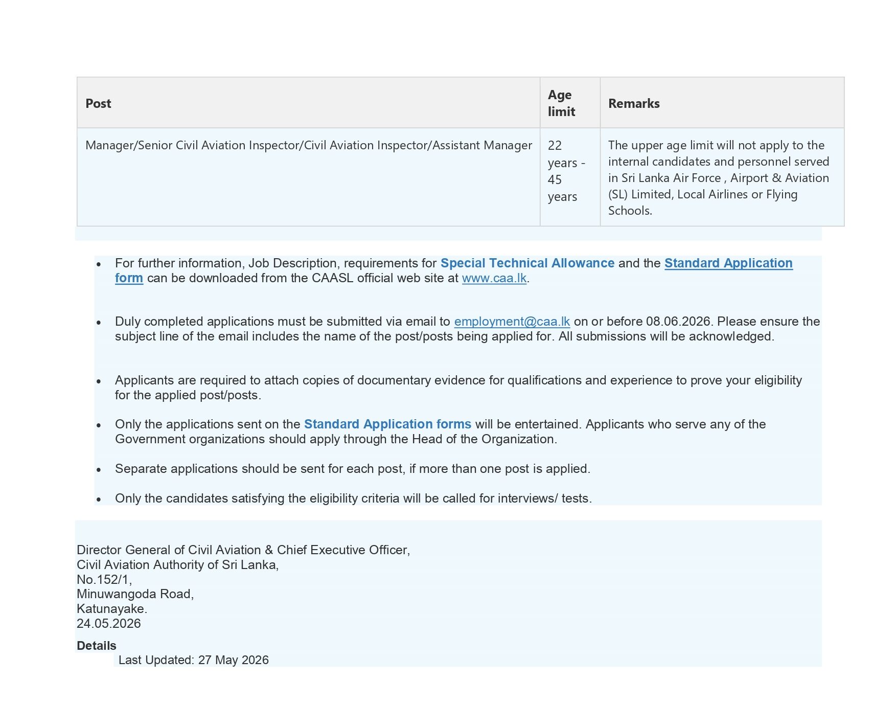 Civil Aviation Authority of Sri Lanka Vacancies