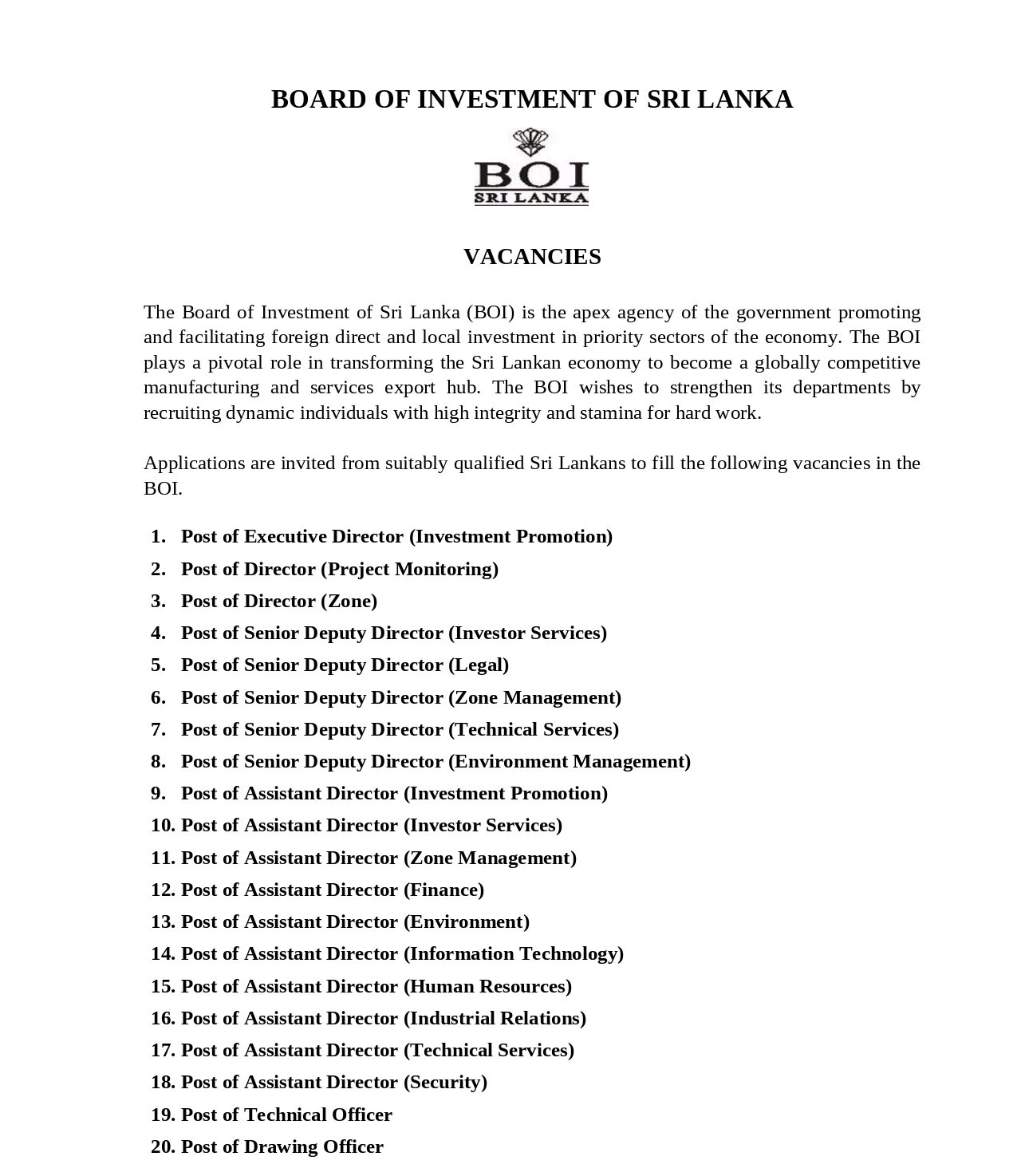 Board of Investment of Sri Lanka Vacancies 2026