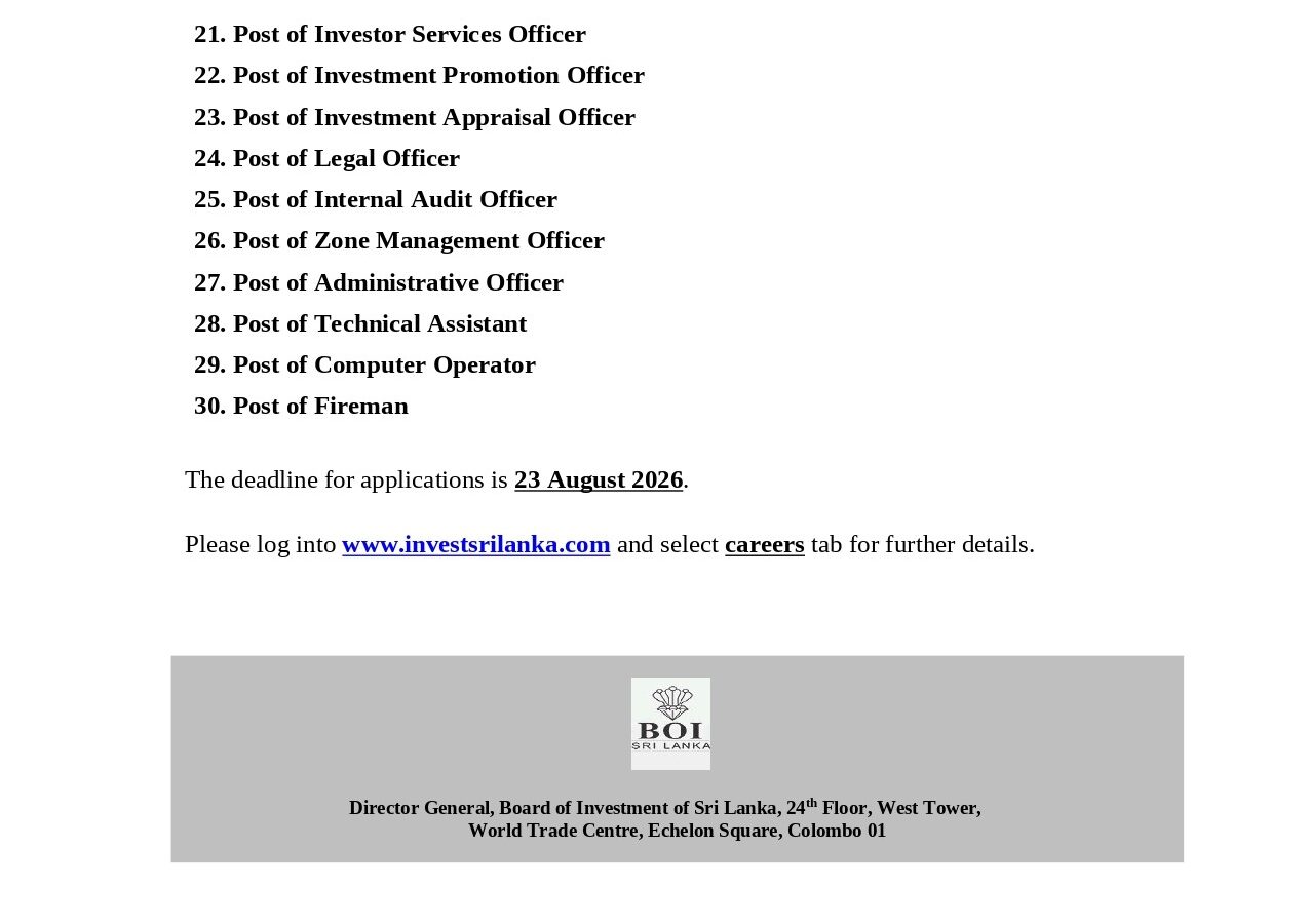 Board of Investment of Sri Lanka Vacancies 2026